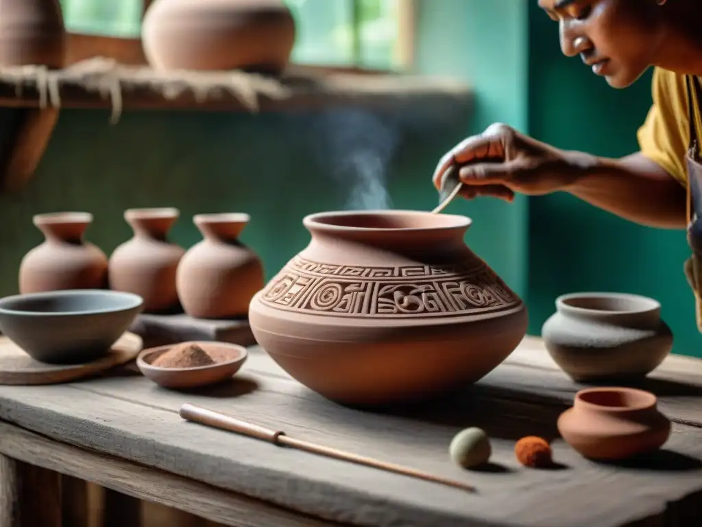 Artesano maya moldeando vasija de barro para fermentar bebidas espirituosas en taller lleno de historia y tradición