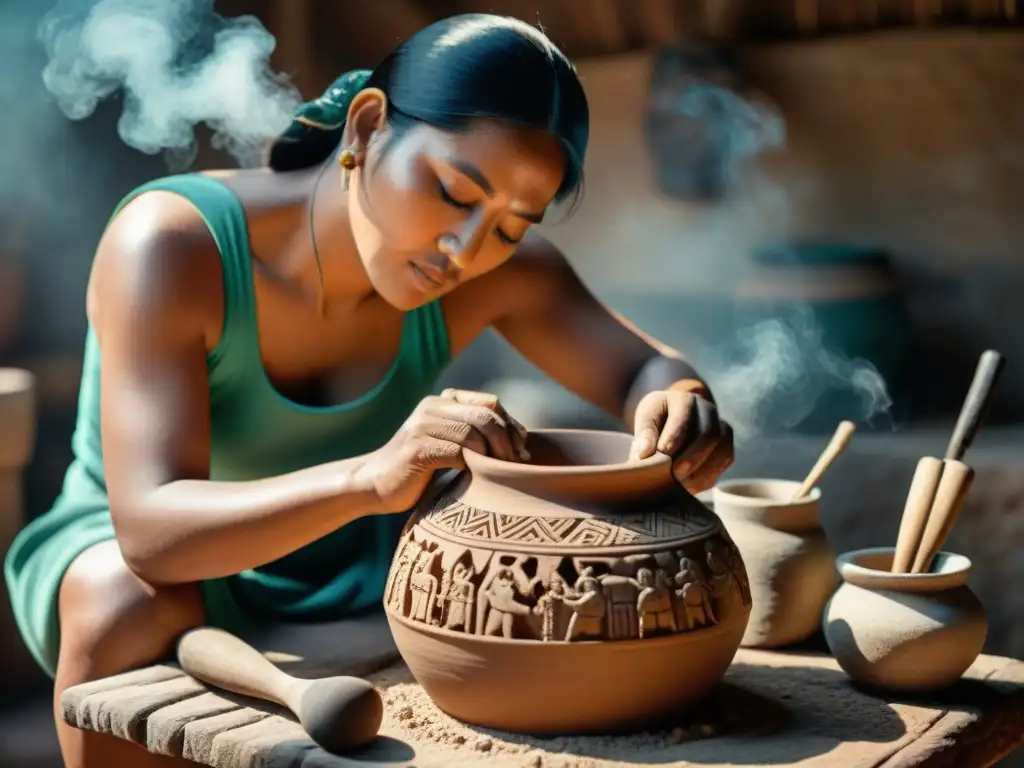 Un artesano maya moldea una vasija de barro con diseños mientras crea en su taller rústico