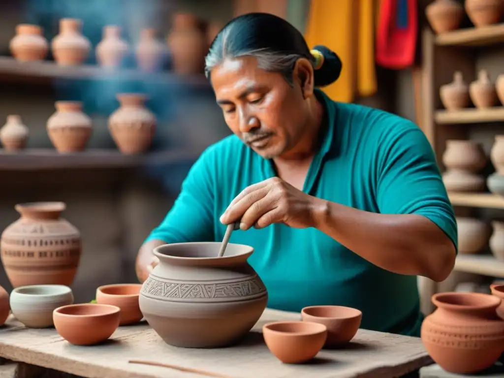 Un artesano maya elabora una vasija de cerámica rodeado de herramientas, en un mercado vibrante