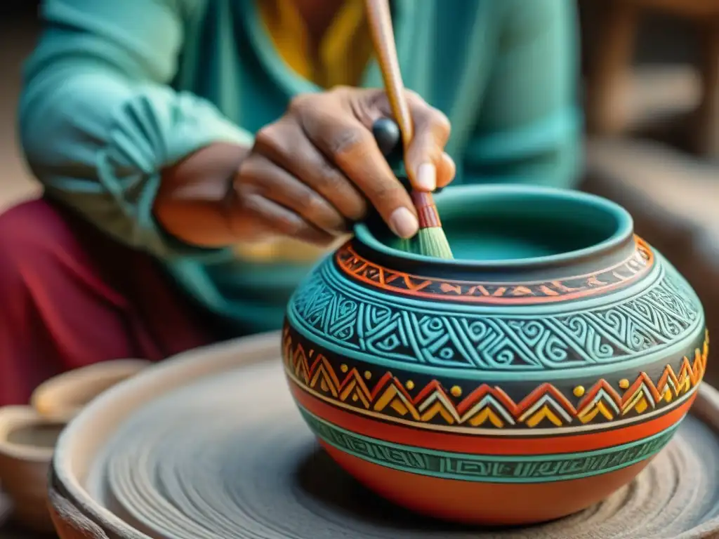 Un artesano maya pintando un vaso de cerámica con diseños intrincados, fusionando técnicas tradicionales con expresiones artísticas innovadoras