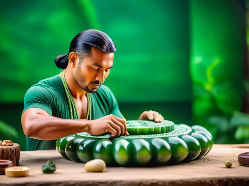 Artesano maya esculpe detalladamente jade verde, reflejando el comercio de jade en mayas en atmósfera mística de la selva