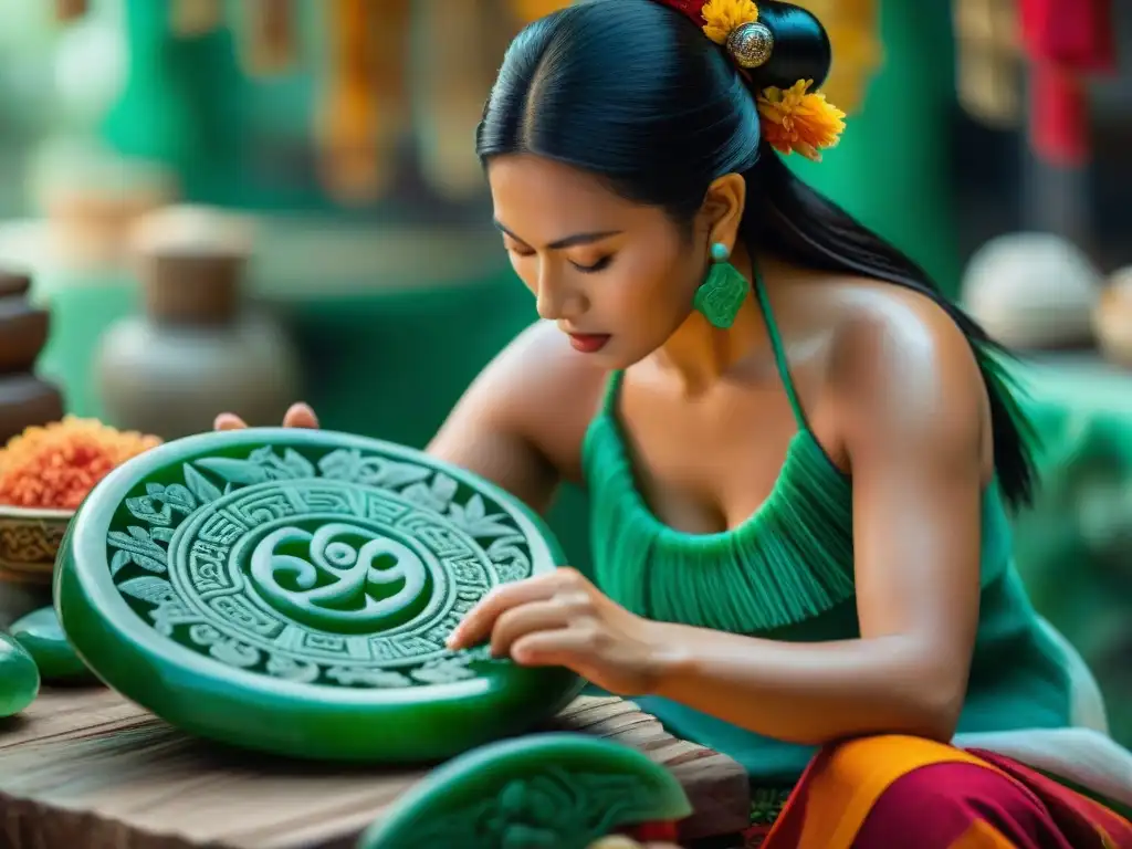 Un artesano maya tallando jade verde con delicadeza, mostrando diseños tradicionales