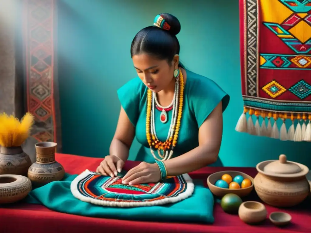 Artesano maya creando vestimenta ceremonial rodeado de textiles vibrantes y herramientas tradicionales