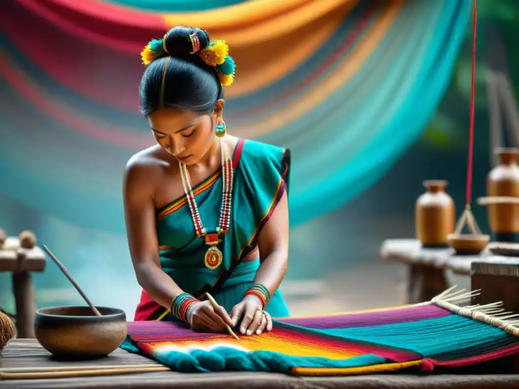 Un artesano Maya tejiendo vestimenta ceremonial con influencias externas, en un taller colorido