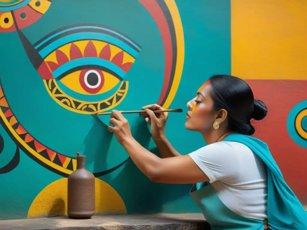 Un artesano maya en Bonampak pintando la vida cotidiana con colores vibrantes