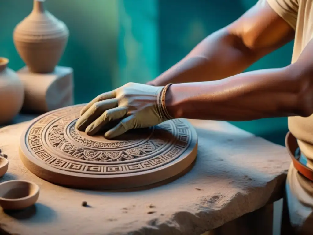 Artesano aplica pátinas a réplica de artefacto maya, inmerso en proceso de restauración