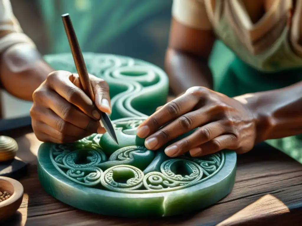 Artesano tallando patrones mayas en jade con herramientas tradicionales, reflejando la artesanía detrás de joyas inspiradas en la cultura maya