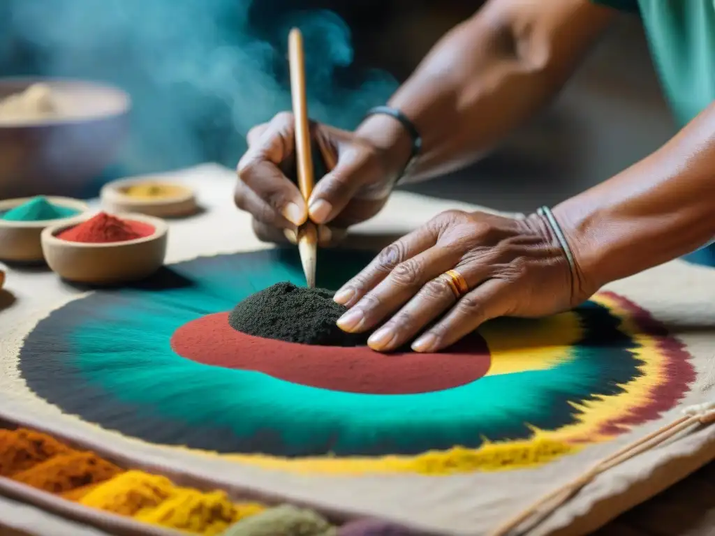 Un artesano aplica pigmentos naturales a una pintura maya, rescatando colores vibrantes y detalles intrincados en la restauración