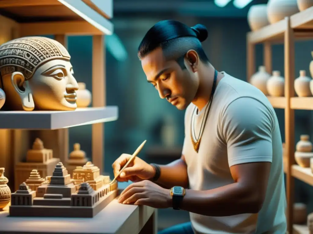 Artesano maya replica con precisión en impresión 3D Un artesano replica con precisión un artefacto maya usando tecnología 3D, resaltando la fusión entre tradición y progreso para preservar la cultura