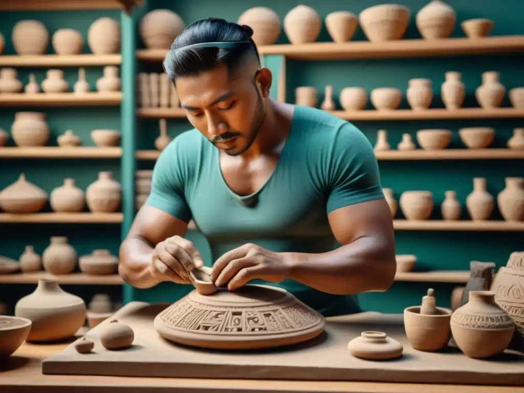 Un artesano modelando con precisión un objeto maya en arcilla, con herramientas tradicionales y enfoque