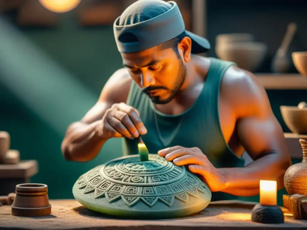 Un artesano tallando una réplica maya de alta calidad en jade, en un taller lleno de herramientas antiguas