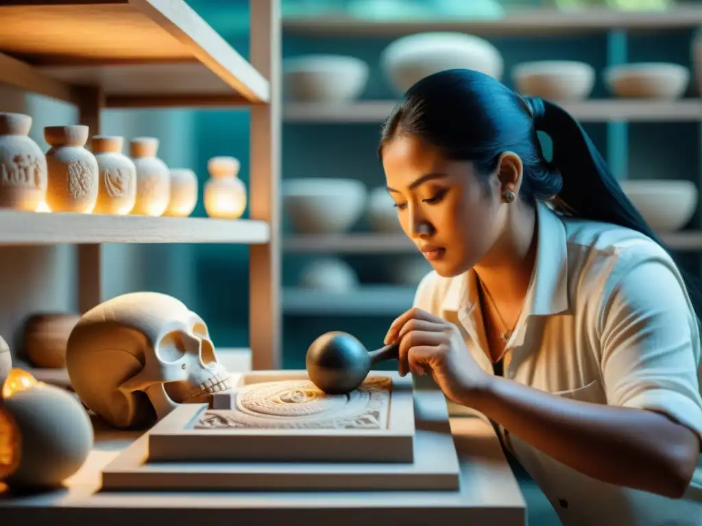 Un artesano detalladamente tallando una réplica maya educativa en piedra, resaltando la artesanía y la cultura