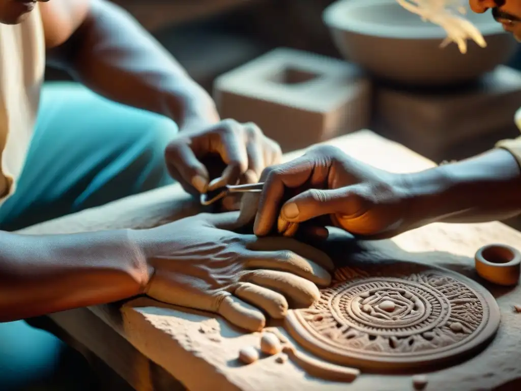 Artesano creando réplicas mayas de alta calidad con destreza en taller auténtico y dedicado