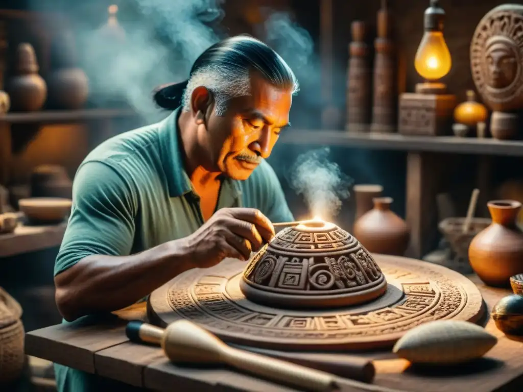 Un artesano talla una réplica maya rodeado de herramientas tradicionales, bajo suave luz natural