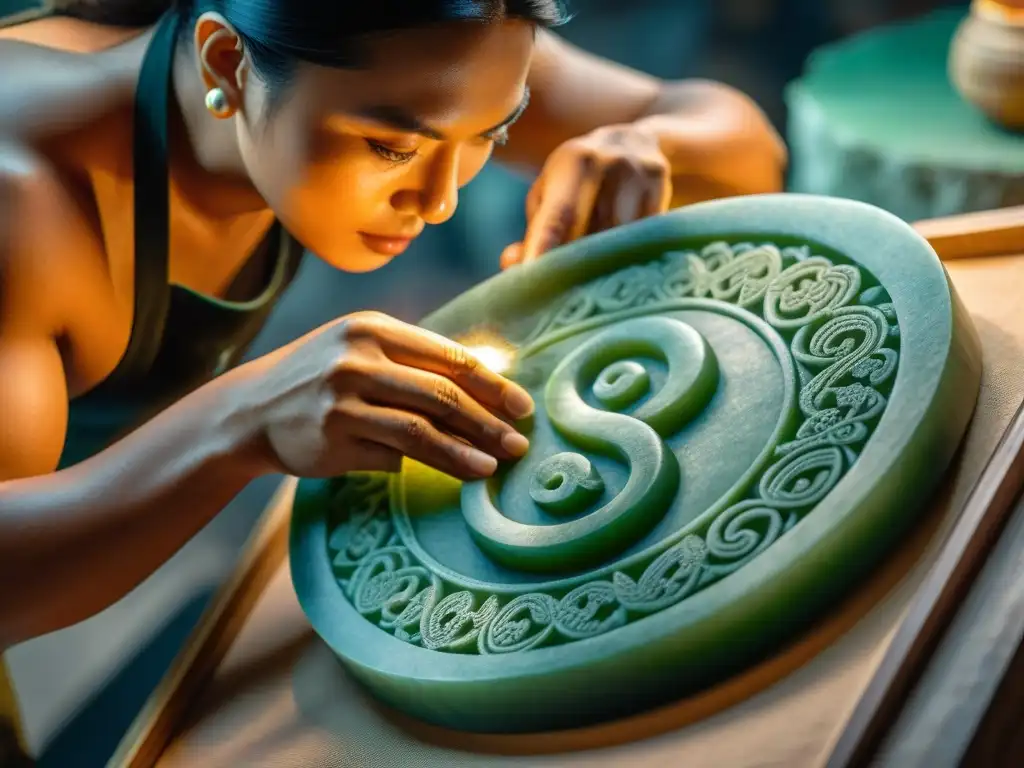 Un artesano talla réplicas mayas de alta calidad en jade con precisión y destreza