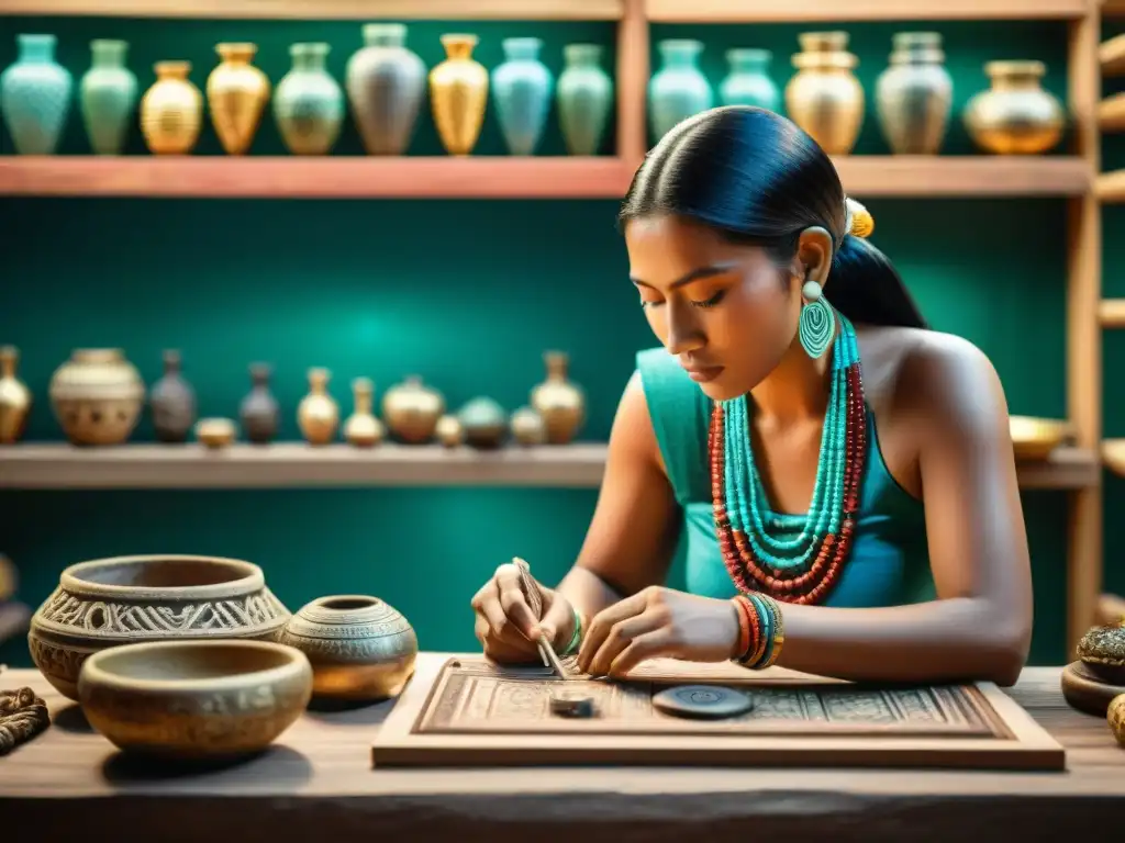 Un artesano hábil revive técnicas antiguas en joyería moderna, tejiendo cuidadosamente piezas mayas