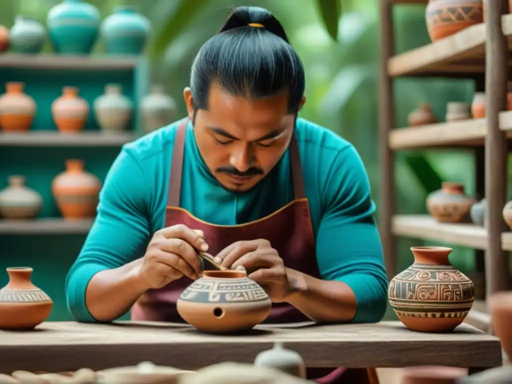 Artesanos mayas restaurando cerámica antigua con patrones coloridos