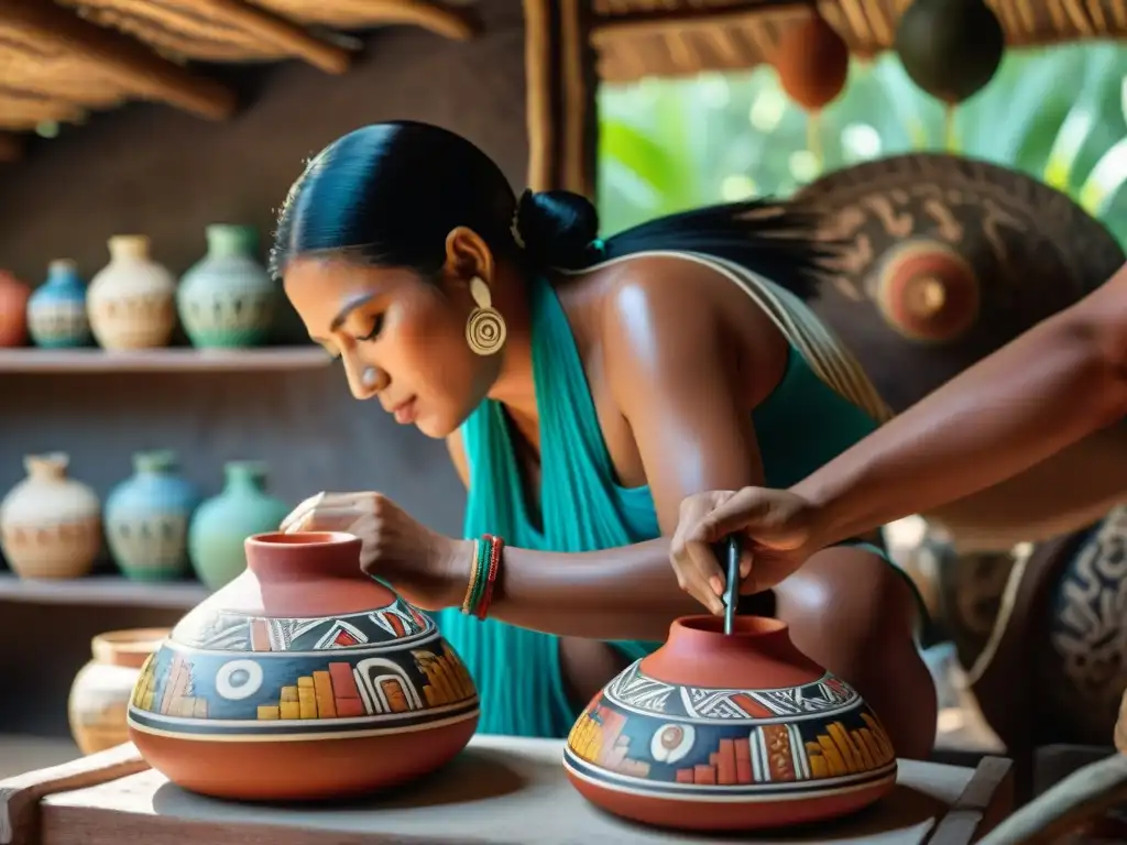 Artesanos mayas pintando cerámica con dedicación y orgullo bajo techo de paja