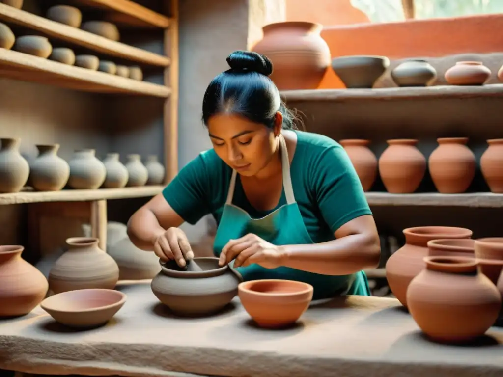 Artesanos mayas creando cerámica tradicional en un taller vibrante