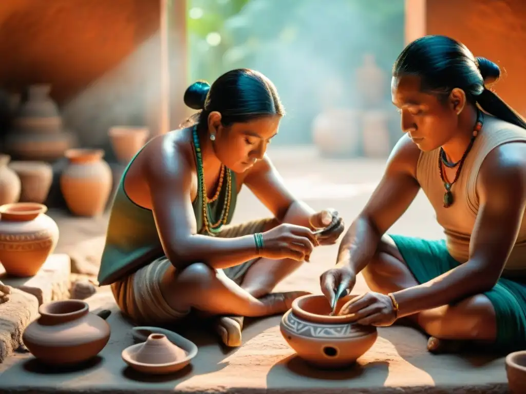 Artesanos mayas trabajando con dedicación en la elaboración de cerámica, reflejando la ética del trabajo en Maya