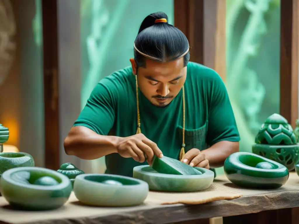 Artesanos Mayas tallando jade: tradición y destreza Artesanos mayas tallando jade con precisión y destreza, rodeados de piedras verdes