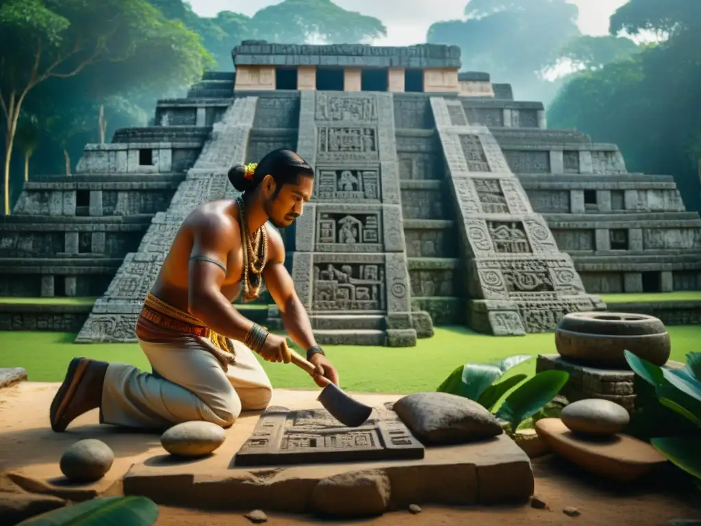 Artesanos mayas tallando herramientas de construcción civilización maya bajo el sol de Yucatán