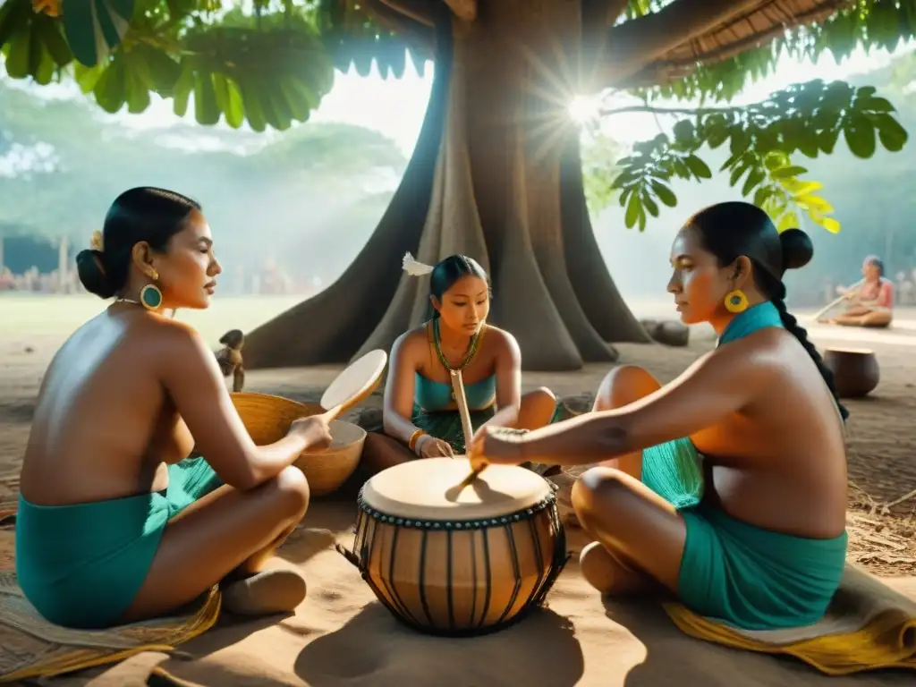 Artesanos mayas creando instrumentos musicales bajo un ceiba