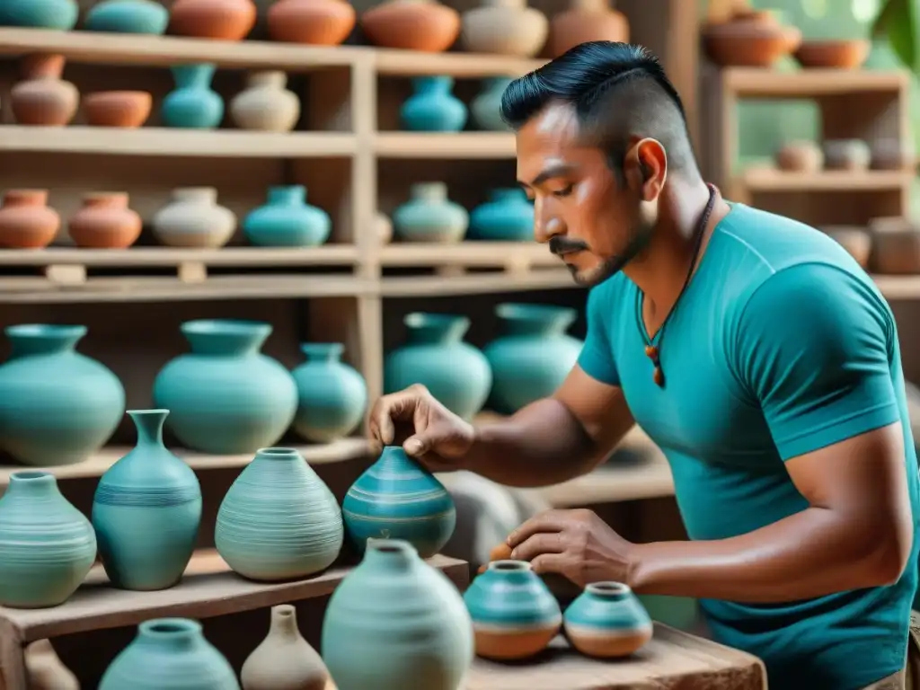 Artesanos mayas crean piezas de cerámica contemporánea, resaltando técnicas ancestrales y colores vibrantes en taller tradicional