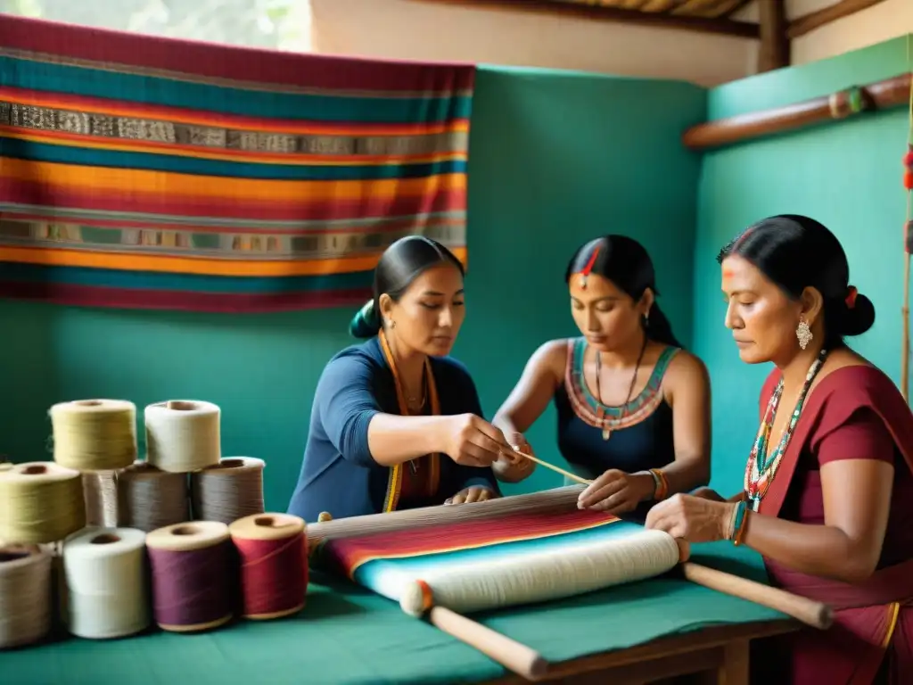 Artesanos mayas tejiendo textiles en taller tradicional