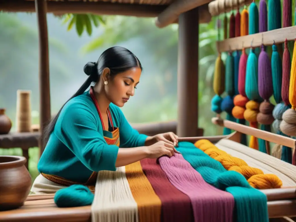 Artesanos mayas tejiendo textiles tradicionales con colores vibrantes en un telar de madera