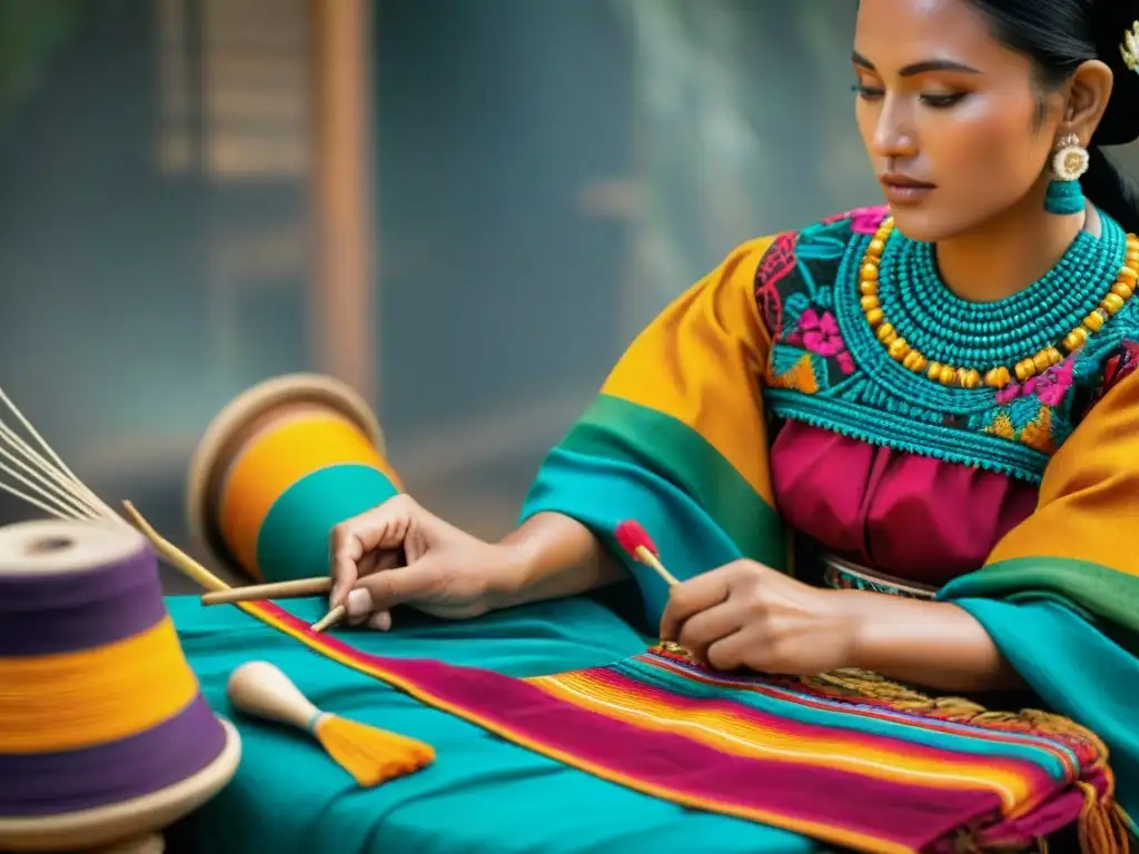 Artesanos mayas tejiendo textiles tradicionales con patrones coloridos, reflejando las normas y tabúes de vestimenta maya