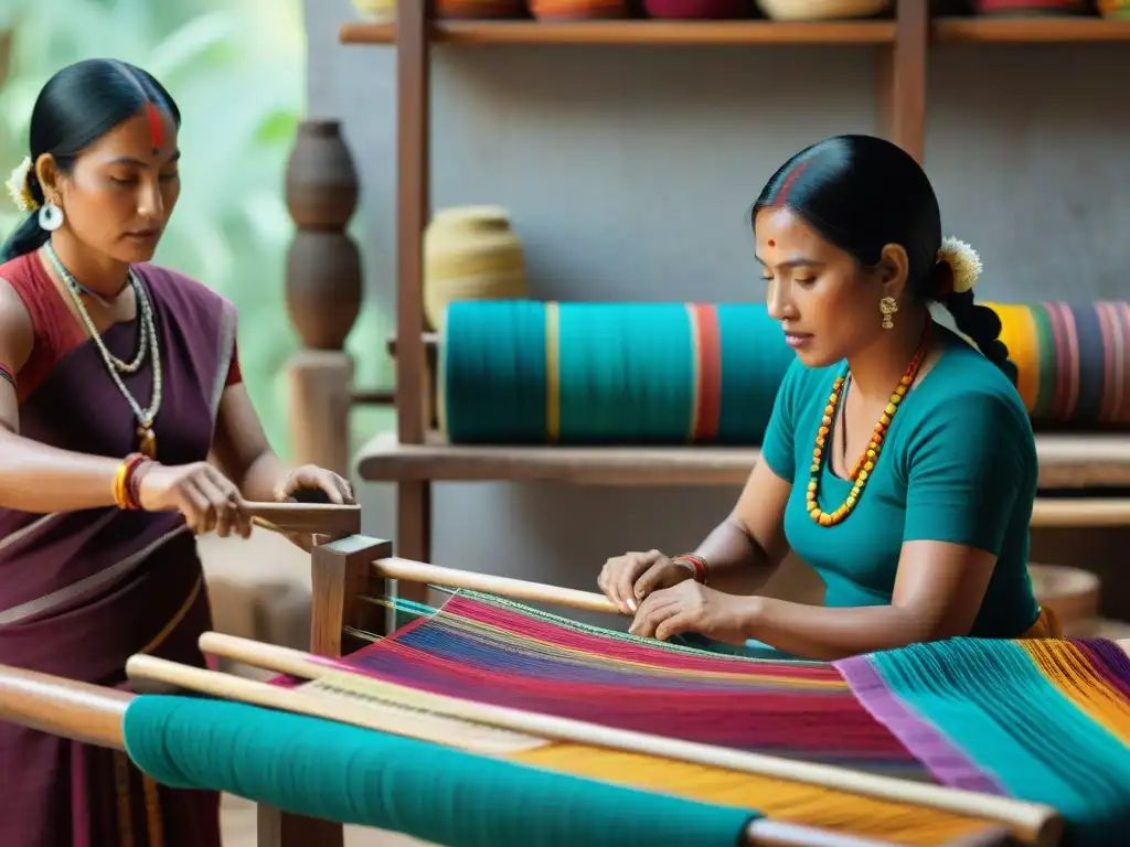 Artesanos mayas tejiendo textiles tradicionales en un taller soleado