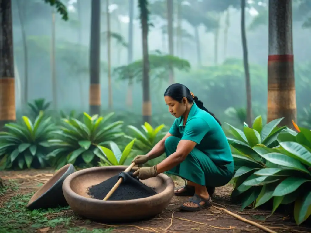 Artesanos mayas en trajes tradicionales cosechando caucho con técnicas ancestrales, fusionando innovación tecnológica caucho maya