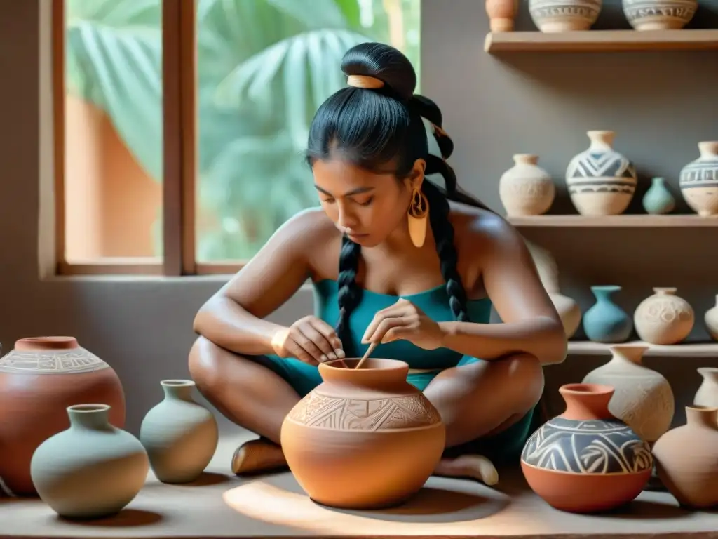 Una artista de arte cerámica maya contemporánea pintando un glifo en una delicada vasija rodeada de piezas cerámicas