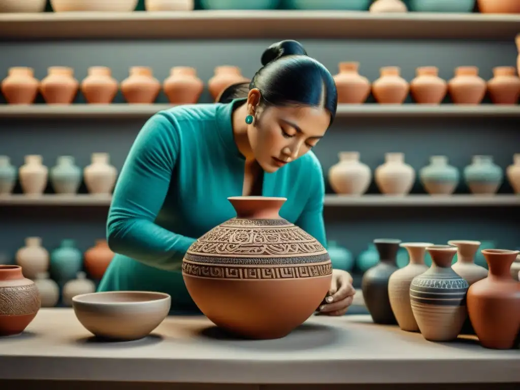 Una artista de cerámica maya contemporánea dando forma a un impresionante jarrón de arcilla con diseños tradicionales en un estudio