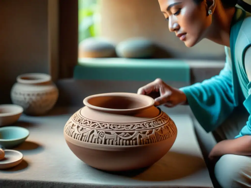 Artista cerámica Maya tradición moldeando diseños en vasija de barro con herramientas tradicionales, resaltando la maestría y cultura