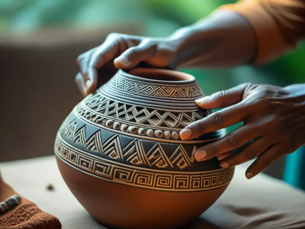 Un artista cerámico maya contemporáneo moldea con destreza un jarrón de barro, resaltando la fusión de técnicas antiguas con arte moderno