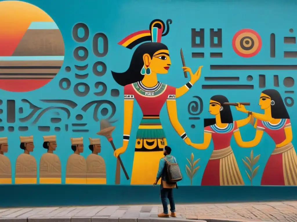 Un artista contemporáneo interpreta glifos mayas en un mural urbano, fusionando historia y modernidad con precisión y color