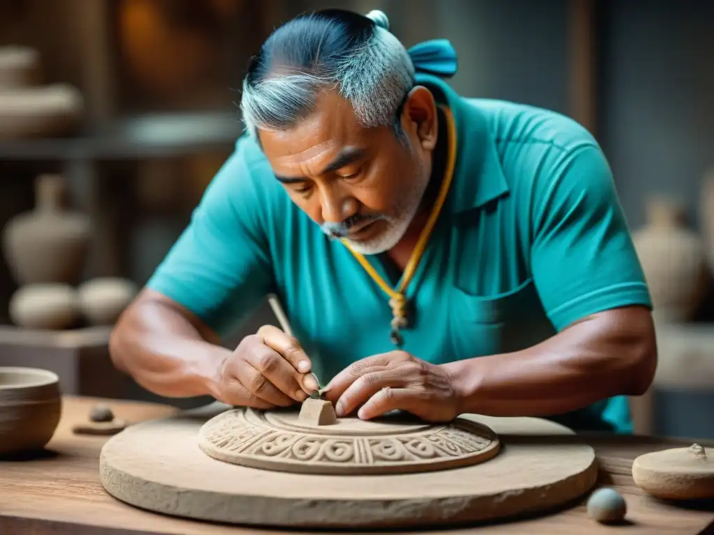 Un artista restaura una escultura maya en detalle, fusionando arte antiguo con técnicas modernas