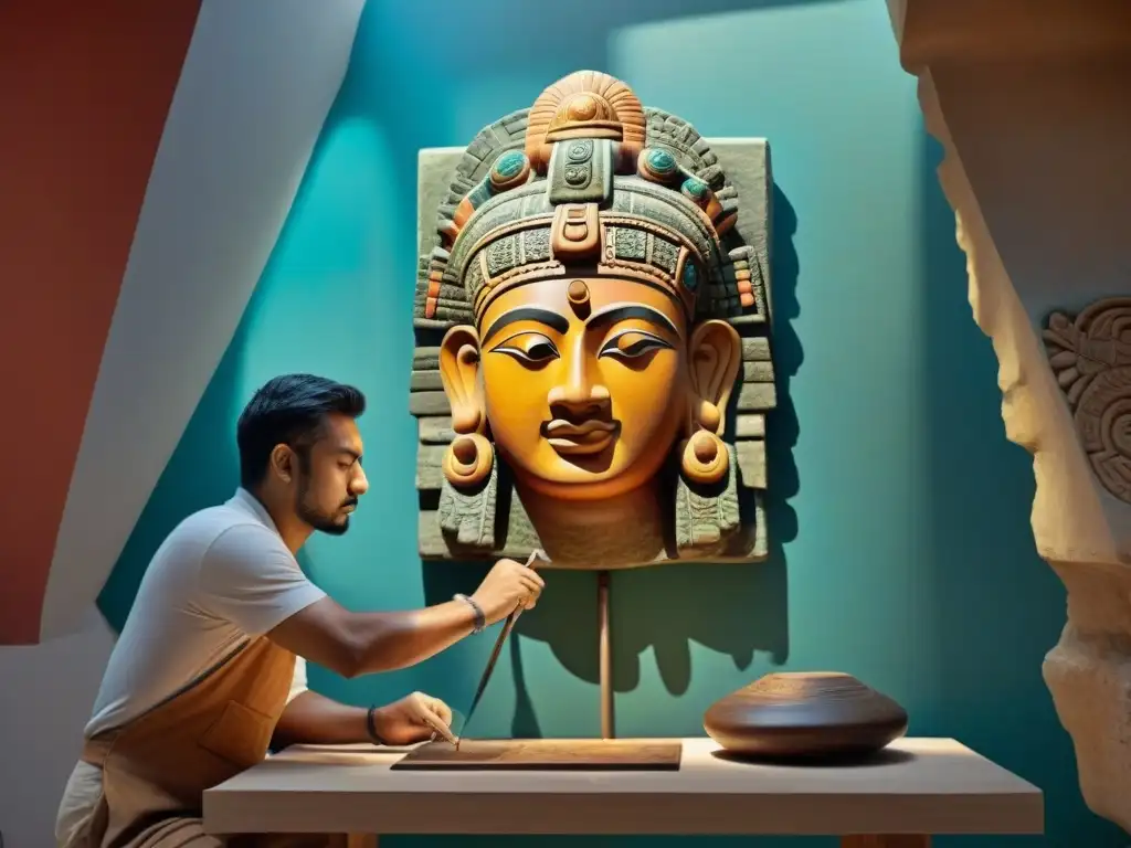 Artista que traduce escultura maya a lienzo con pincel fino, rodeado de artefactos antiguos y luz cálida