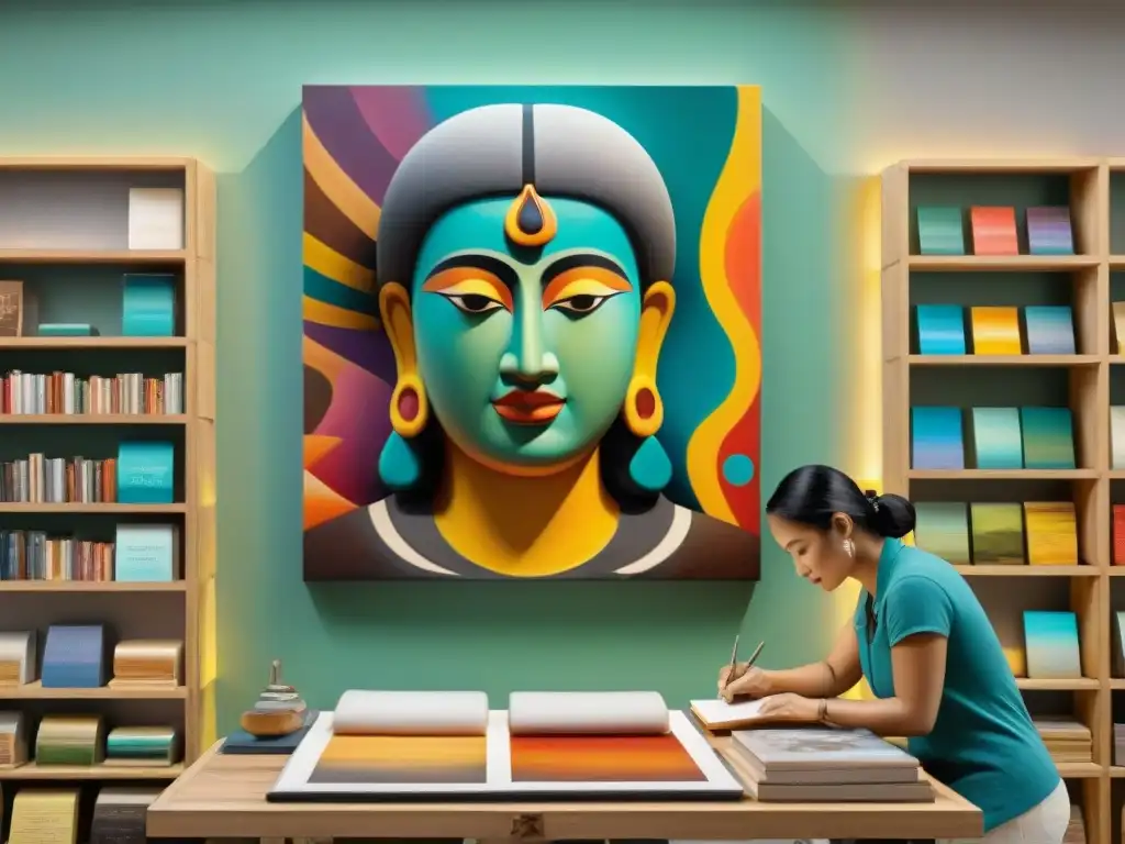 Un artista que traduce escultura maya a lienzo con trazos modernos y vibrantes, rodeado de libros y paletas de pintura