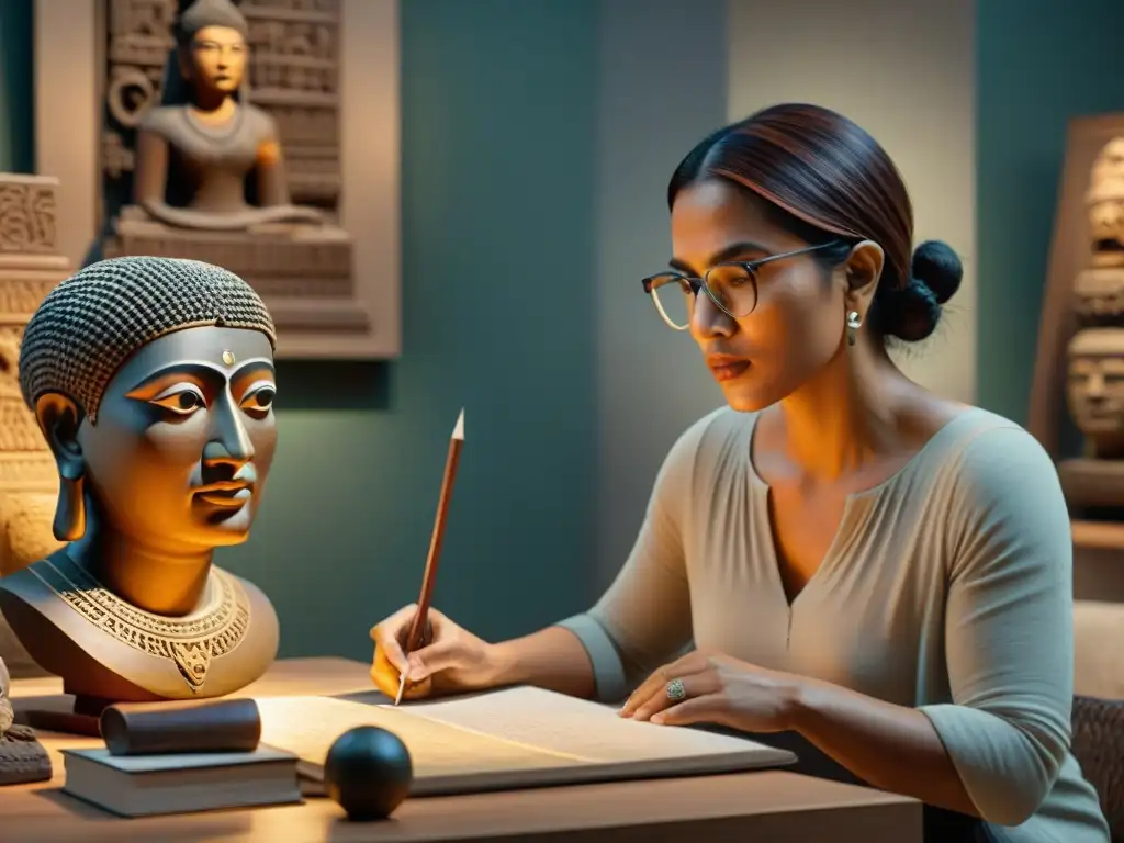 Artista que traduce escultura maya: mujer hispana estudiando escultura en estudio iluminado