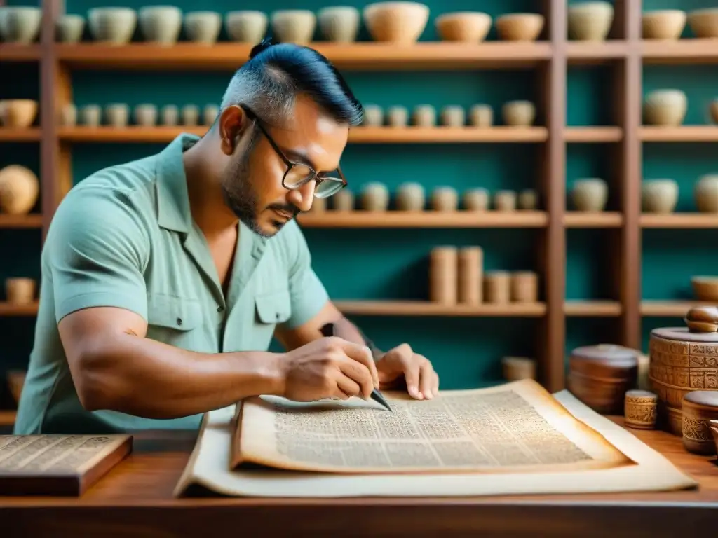 Artista restaurando con esmero un antiguo códice maya, preservando la cultura ante amenazas