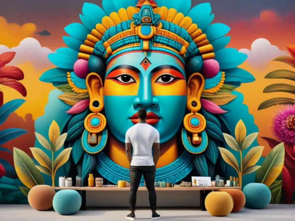 Artista inmerso en mural vibrante inspirado en el Popol Vuh, fusionando mitología antigua con expresión artística moderna