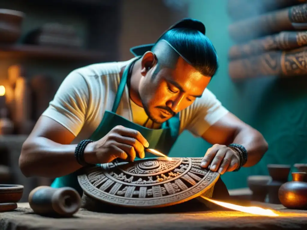 Artista hábil recrea réplica maya con autenticidad histórica en taller iluminado