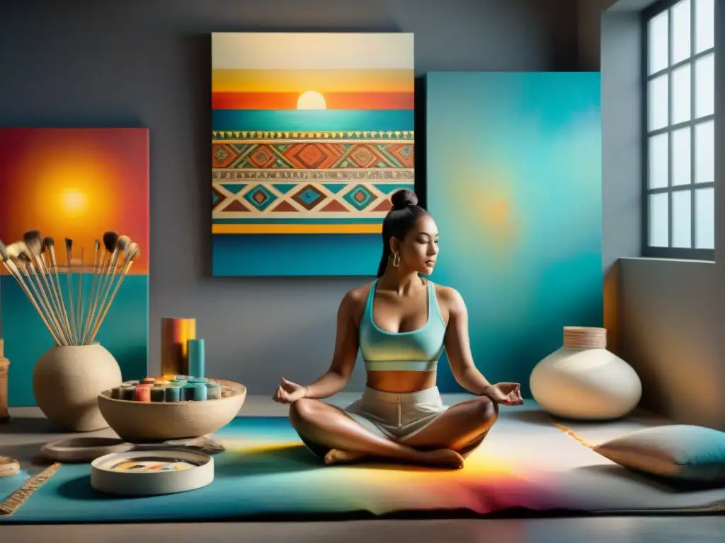 Artista Maya contemporáneo fusiona tradición y modernidad en su estudio Un artista maya contemporáneo detalladamente pintando en su estudio, fusionando símbolos mayas con técnicas modernas