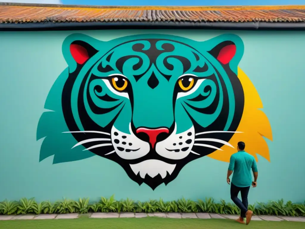 Un artista maya contemporáneo pintando un mural con un jaguar y símbolos mayas, fusionando tradición y arte urbano