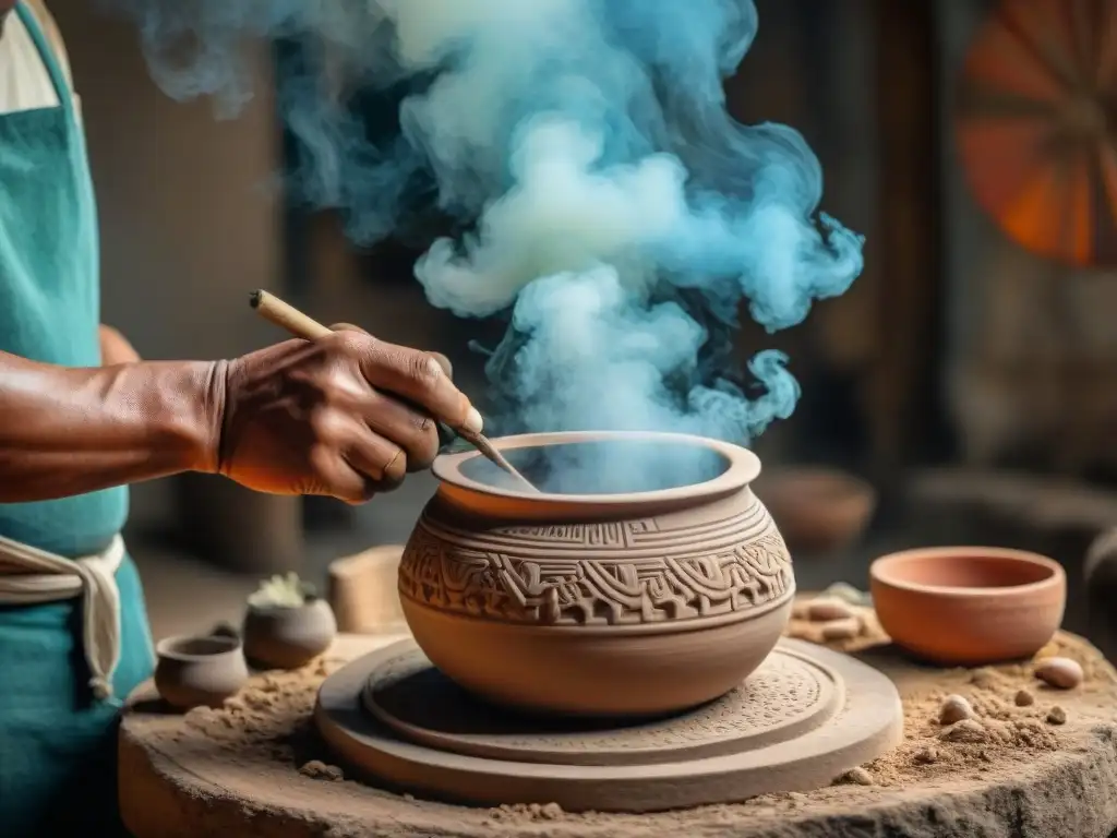 Un artista maya contemporáneo moldea una vasija tradicional con técnicas antiguas, rodeado de colores vibrantes de arcilla y herramientas artesanales, capturando la esencia de la evolución cerámica maya arte