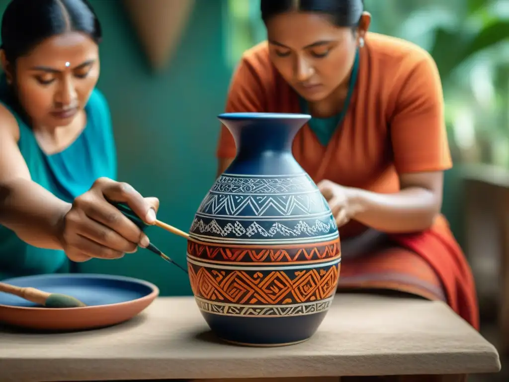 Artista maya pintando detallados diseños en un jarrón de cerámica, utilizando técnicas cerámica maya pigmentos vibrantes