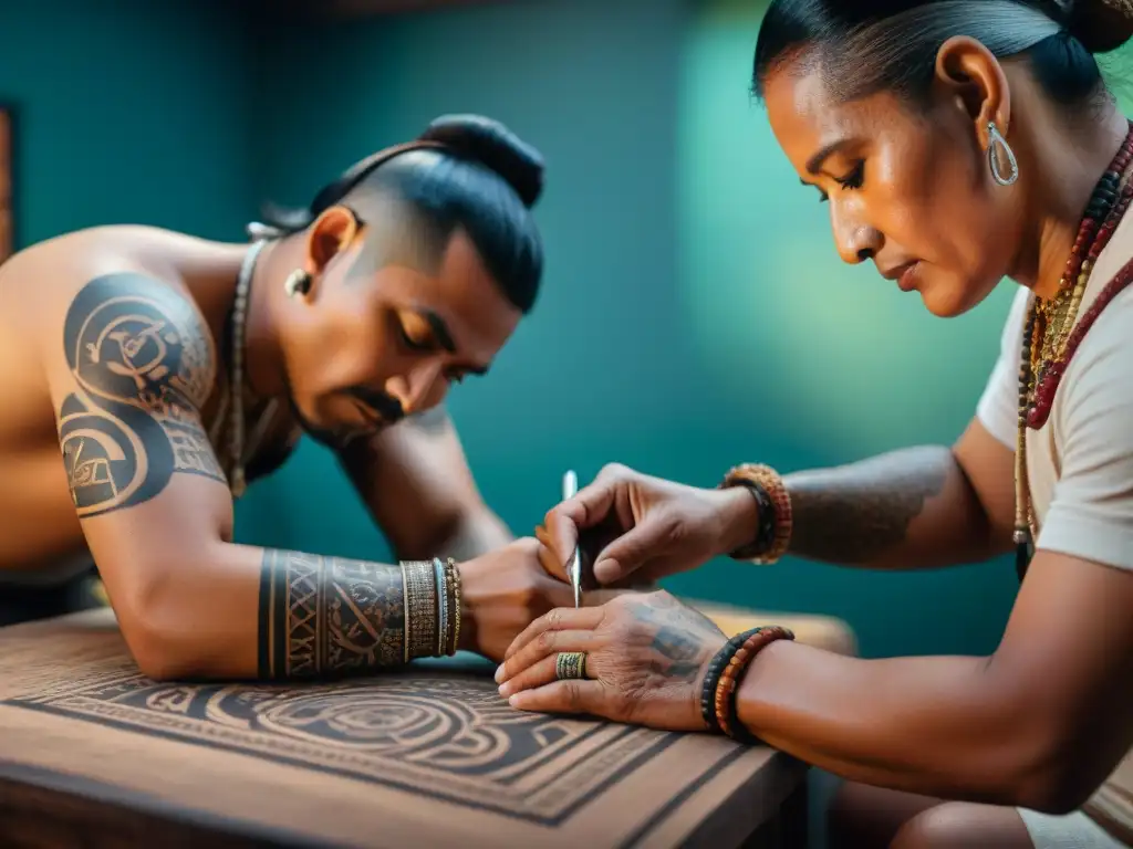 Un artista maya tatuando con detalle y tradición en un estudio íntimo